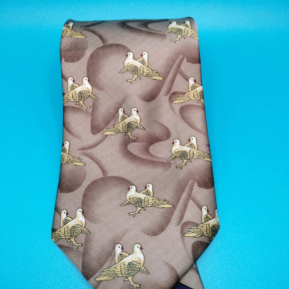 Kai Long Silk Tie Necktie Tan Brown Abstract Birds Handmade 56x4. B - Picture 7 of 7